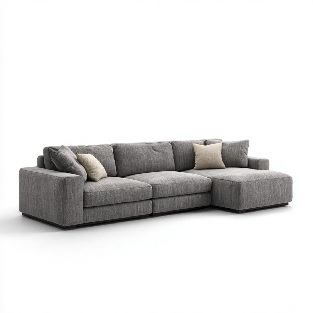 Sofa, 4-osobowa sofa w szarym poliestrze, kształt L, 290 x 180 x 85 cm