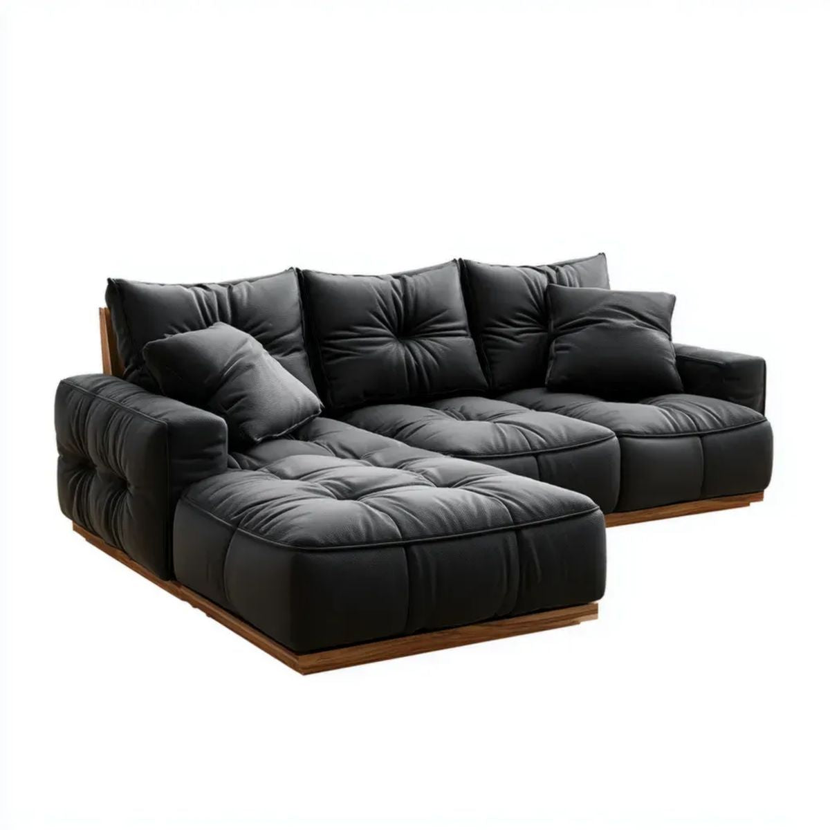 Sofa, 4 fotele sofa w kolorze czarnym syntetyczne skóry i drewno brązowe, 285 x 170 x 85 cm
