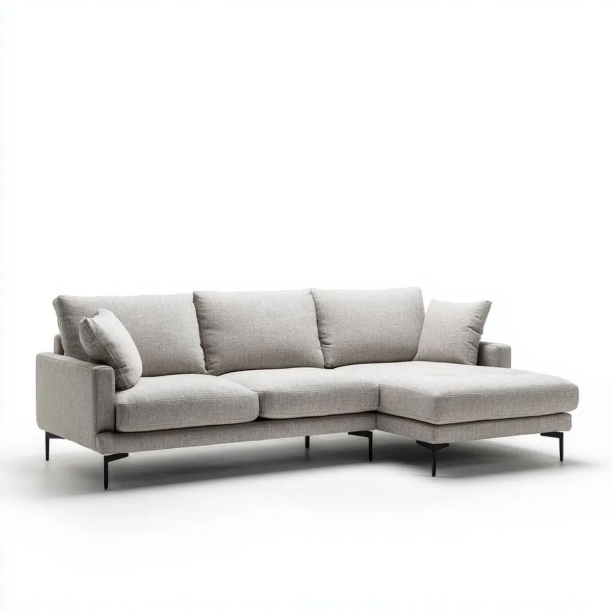 Sofa, Naprawiono narożnik sofy 3 lekki szary poliester, bezszwowy i czarny stalowy stożkowate nogi, 260 x 160 x 85 cm