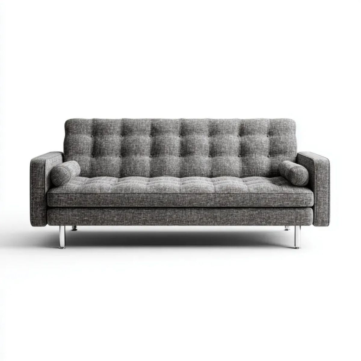 Sofa, 3 szare, proste sofa w kapitowanej poliestrowej tkaniny z metalowych nóżek, 210 x 85 x 85 cm