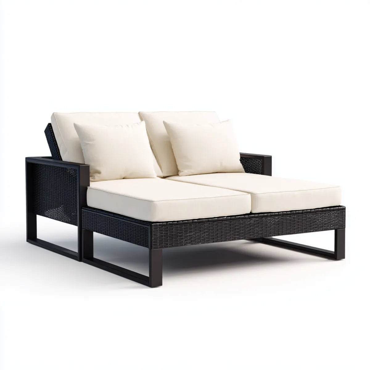 Leżanka ogrodowa, Podwójna kąpiel opalania czarny i śmietanowy aluminium i rattan PE 200 x 160 cm