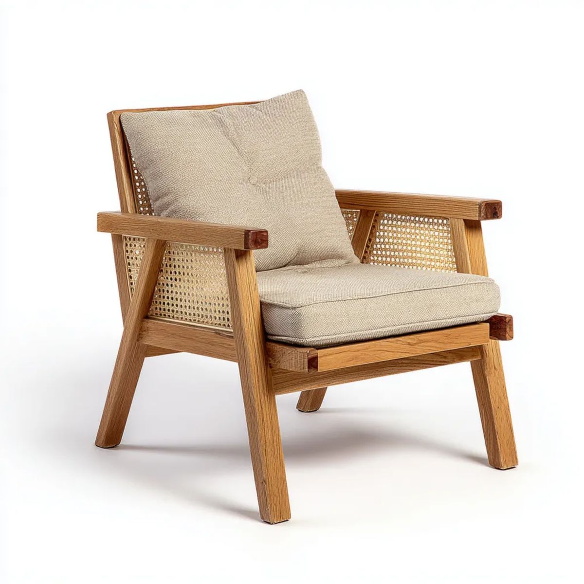 Fotel, Drewniane krzesło do siedzenia i beżowy rattan, 75 x 70 x 80 cm