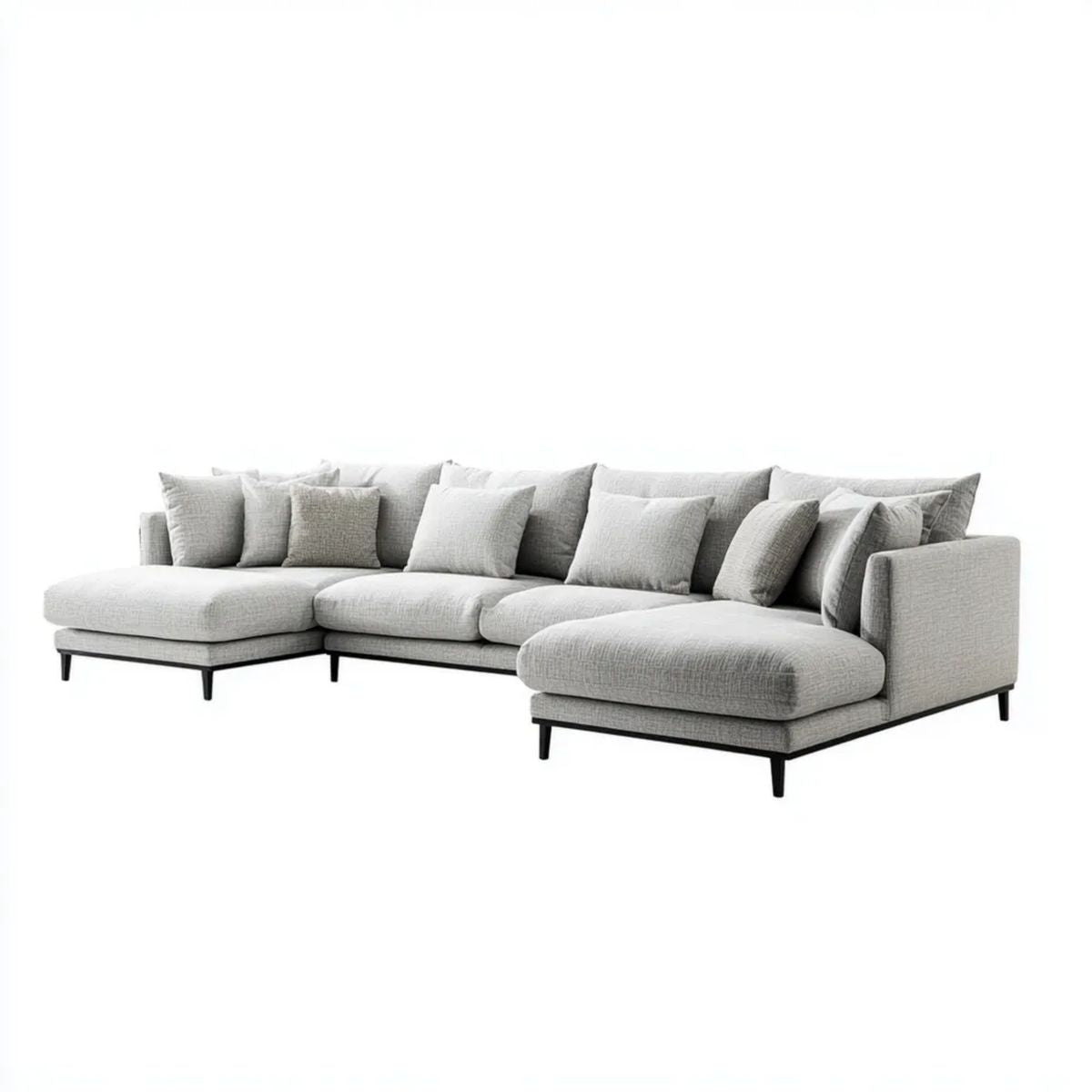 Sofa, Panoramiczna sofa 6 foteli z jasnoszarym poliestrem z szezlongiem w U, 360 x 160 x 85 cm