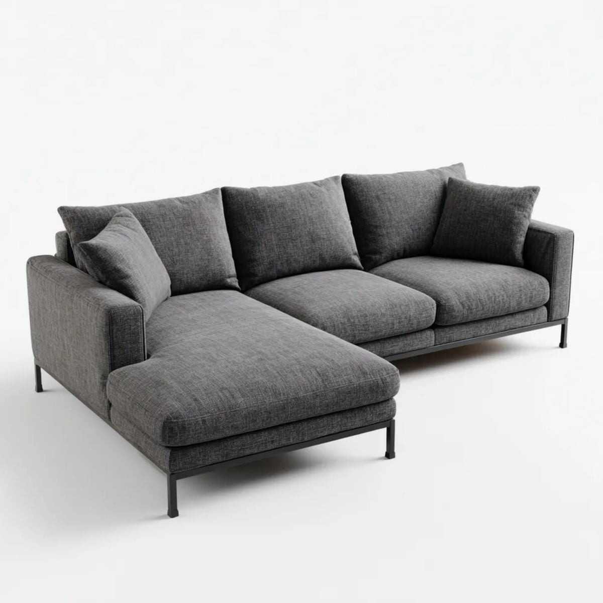 Sofa, 3-osobowa sofa z lewym szezlongiem w ciemnoszarej tkaniny, 250 x 160 x 85 cm