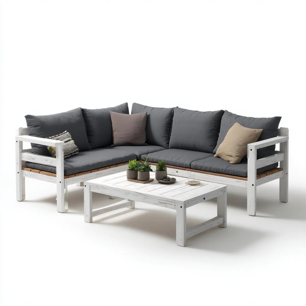 Sofa ogrodowa, 3 części narożniki meble ogrodowe w kolorze białym i szarym w sosnie stałej z poduszkami 210 x 210 x 70 cm