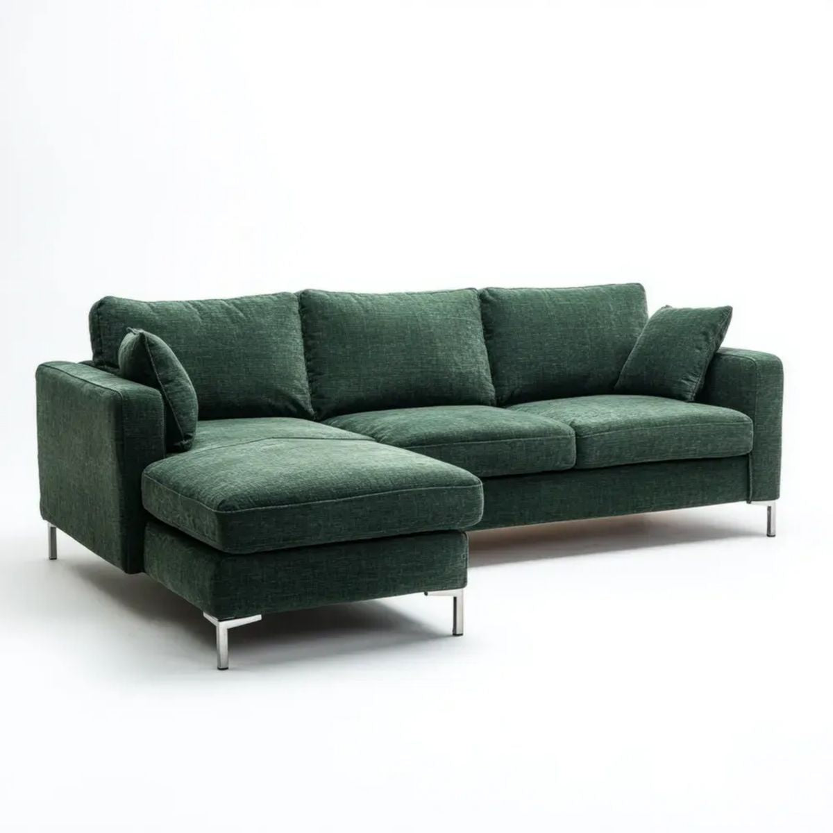 Sofa, Lewy narożnik sofa 3 ciemnozielony fotele w poliestrze gąsienica, 240 x 160 x 85 cm