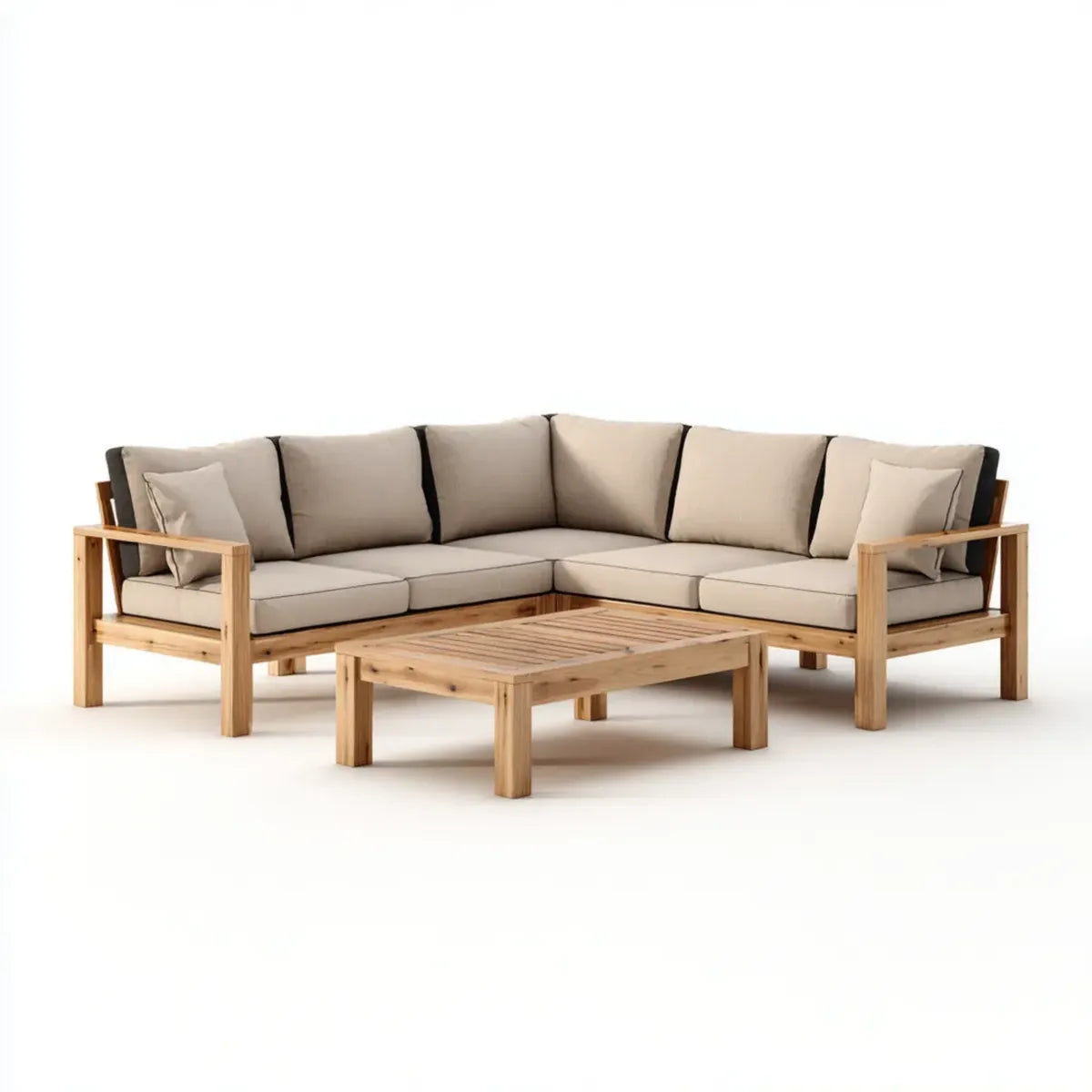 Sofa ogrodowa, Meble ogrodowe narożniki 5 miejsc z beżowym stołem do kawy w litej akacji 250 x 250 cm
