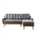 Sofa, 3 fotela w kolorze szarym, drewniana, nóżki, 210 x 145 x 85 cm, szezlong po prawej