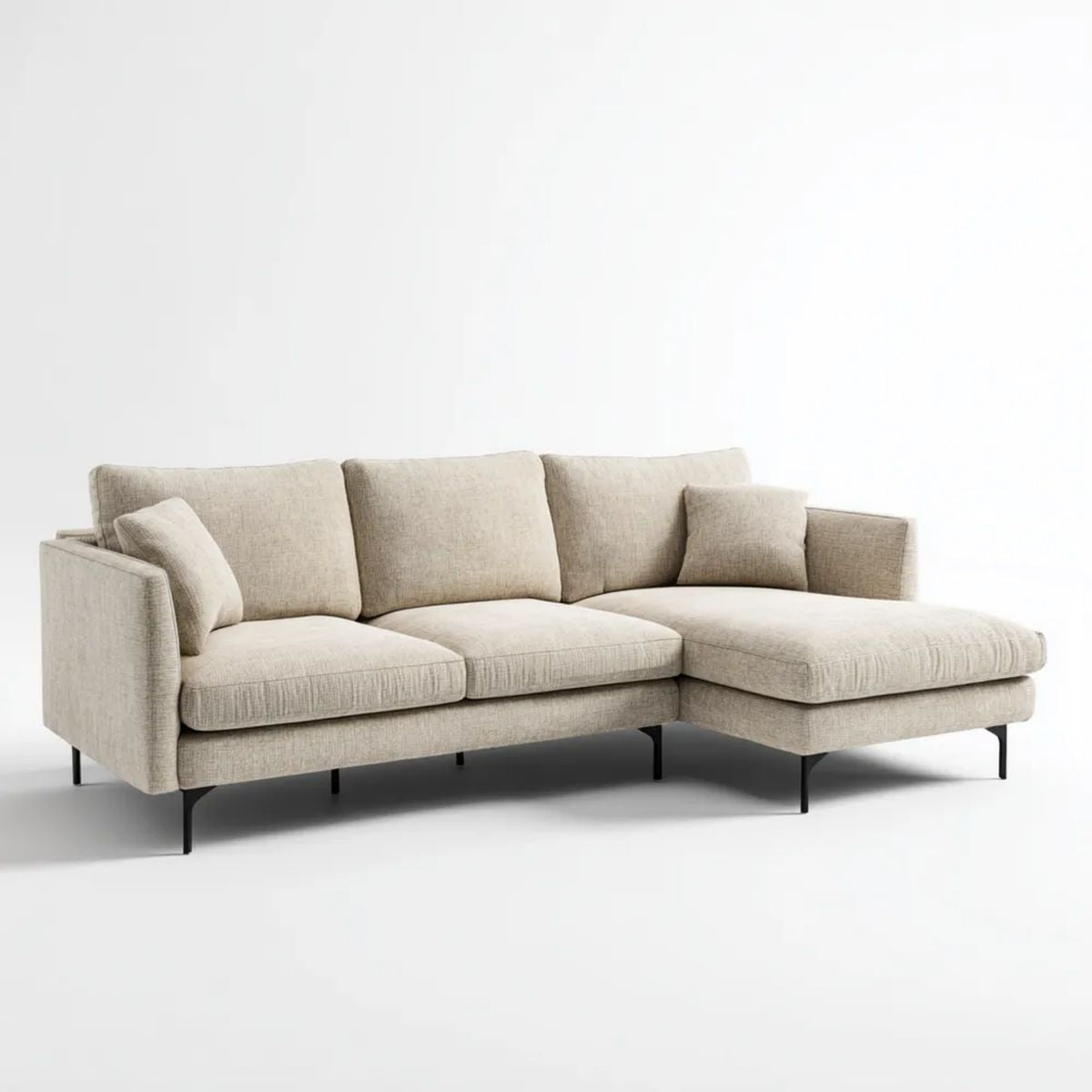 Sofa, 3-osobowa sofa z szezlongiem beżowy poliester beżowy i czarne nóżki 250 x 160 x 85 cm