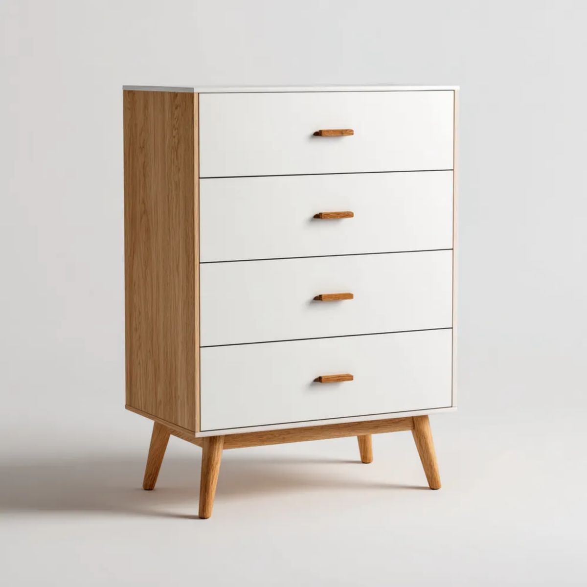 Komoda, Kommode 4 Białe i dębowe szuflady w MDF i elementarne panele, 80 x 40 x 120 cm